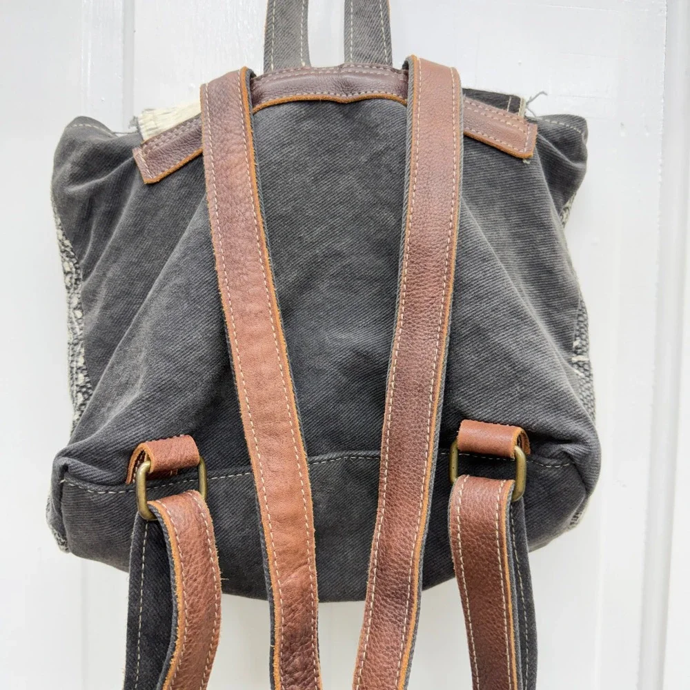 Myra Bag Carry Me back pack cow hide white grey paisley‎ canvas 10.5 x 3.5 x 9.5